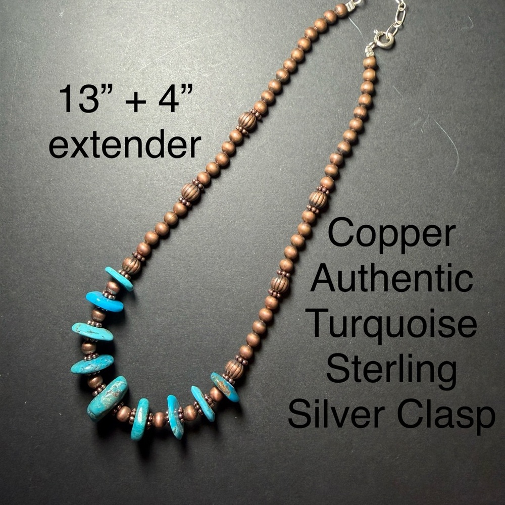 Authentic Turquoise and Copper Bead Necklace with Sterling Silver Clasp